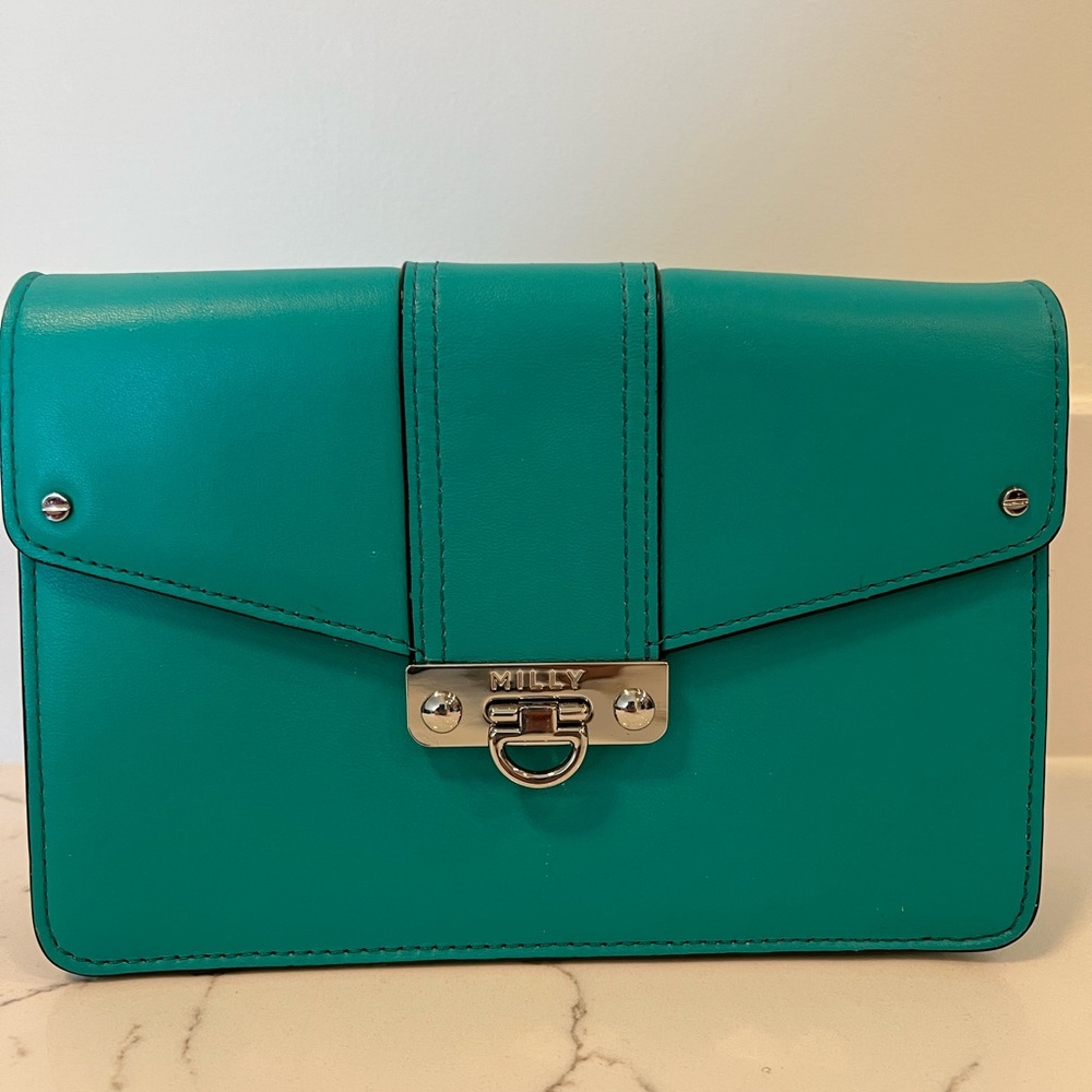 Milly Green Clutch with Silver Hardware and Glossy Finish